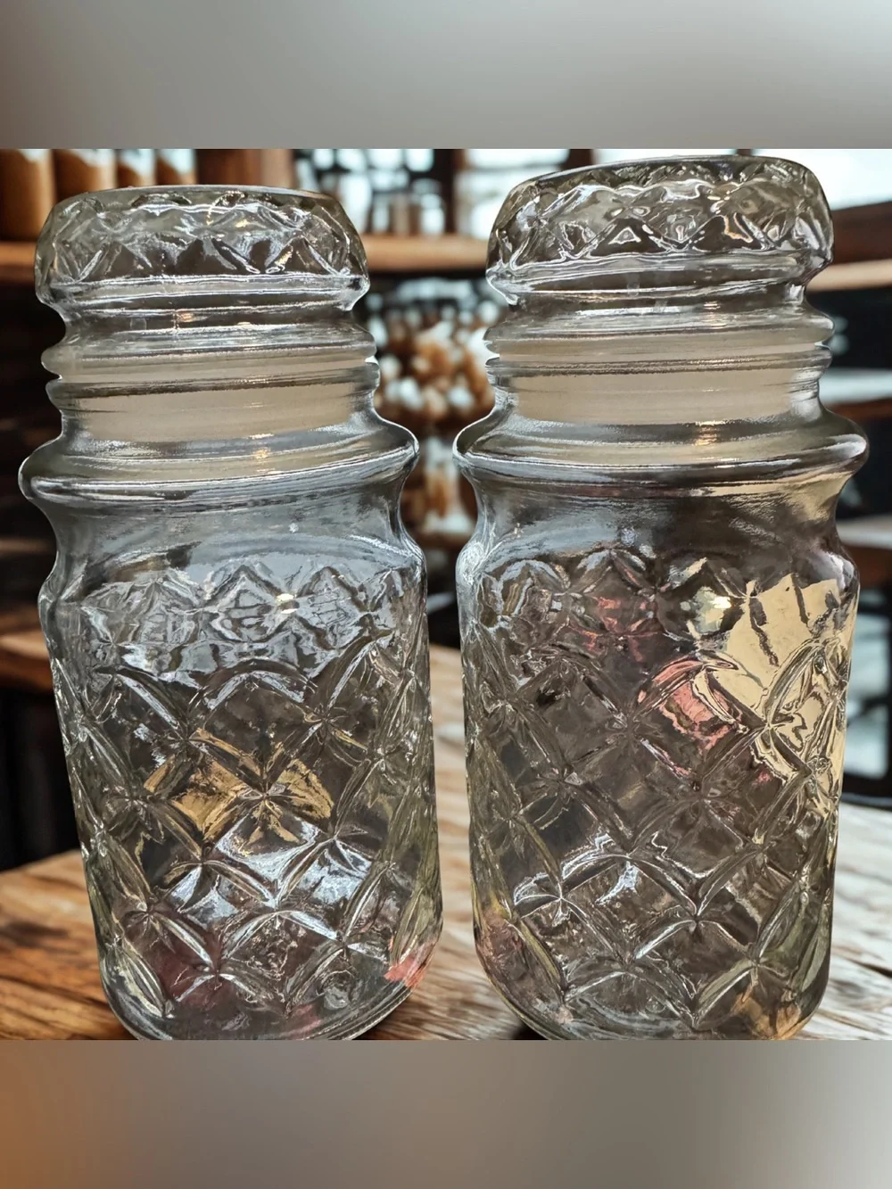Vintage 1984 Planters‎ Mr Peanut Glass Jar Pair Diamond Cut Canister Set
